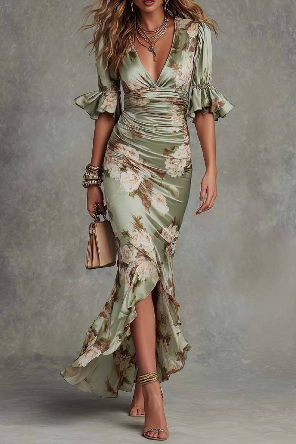 Green Floral Ruffled Bell Sleeve V-neck Satin Asymmetrical Maxi Dress
