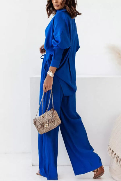 Michelle Cotton Blend Loose Solid Color Shirt Pants Suit
