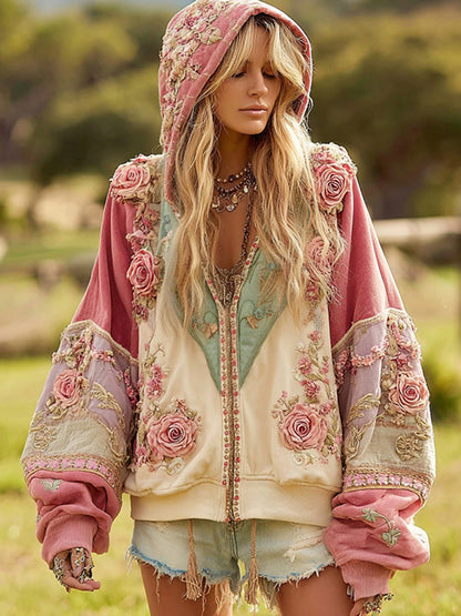 Women's Floral Embroidery Color Block Boho Casual Zip-up Hoodie