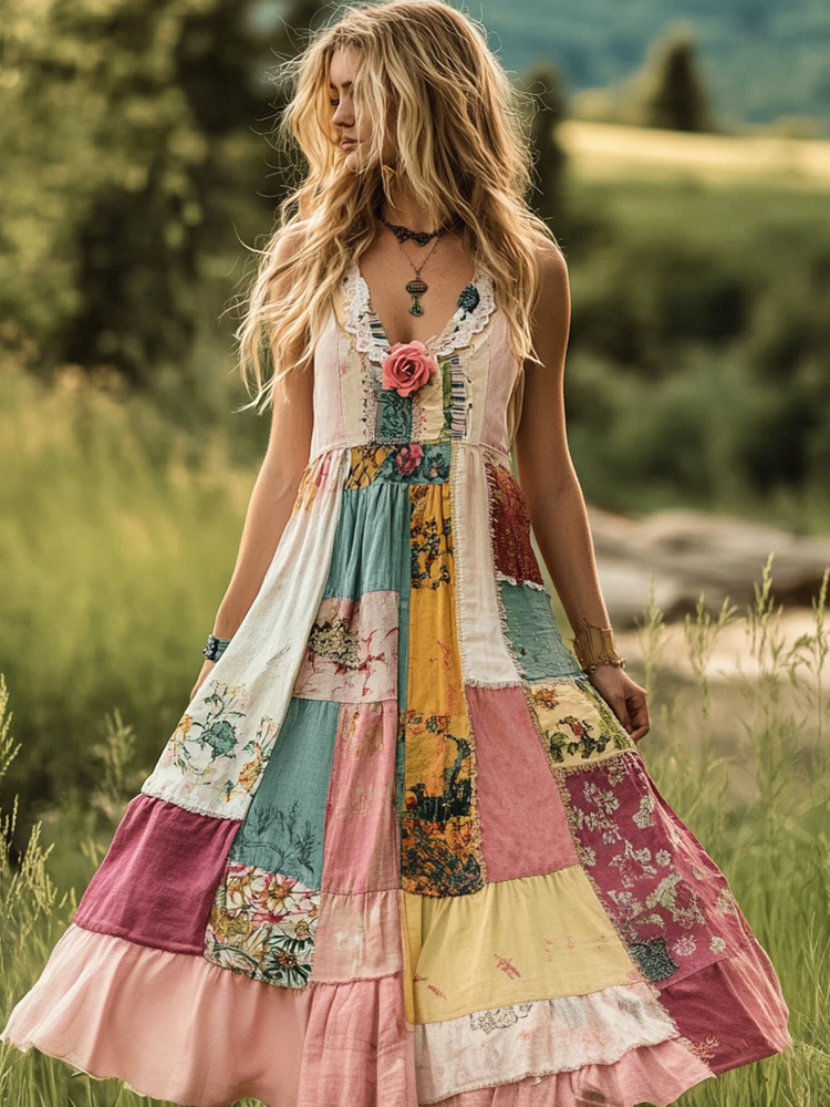 Women's Vintage Bohemian Floral Comfortable V Neck Dress f176