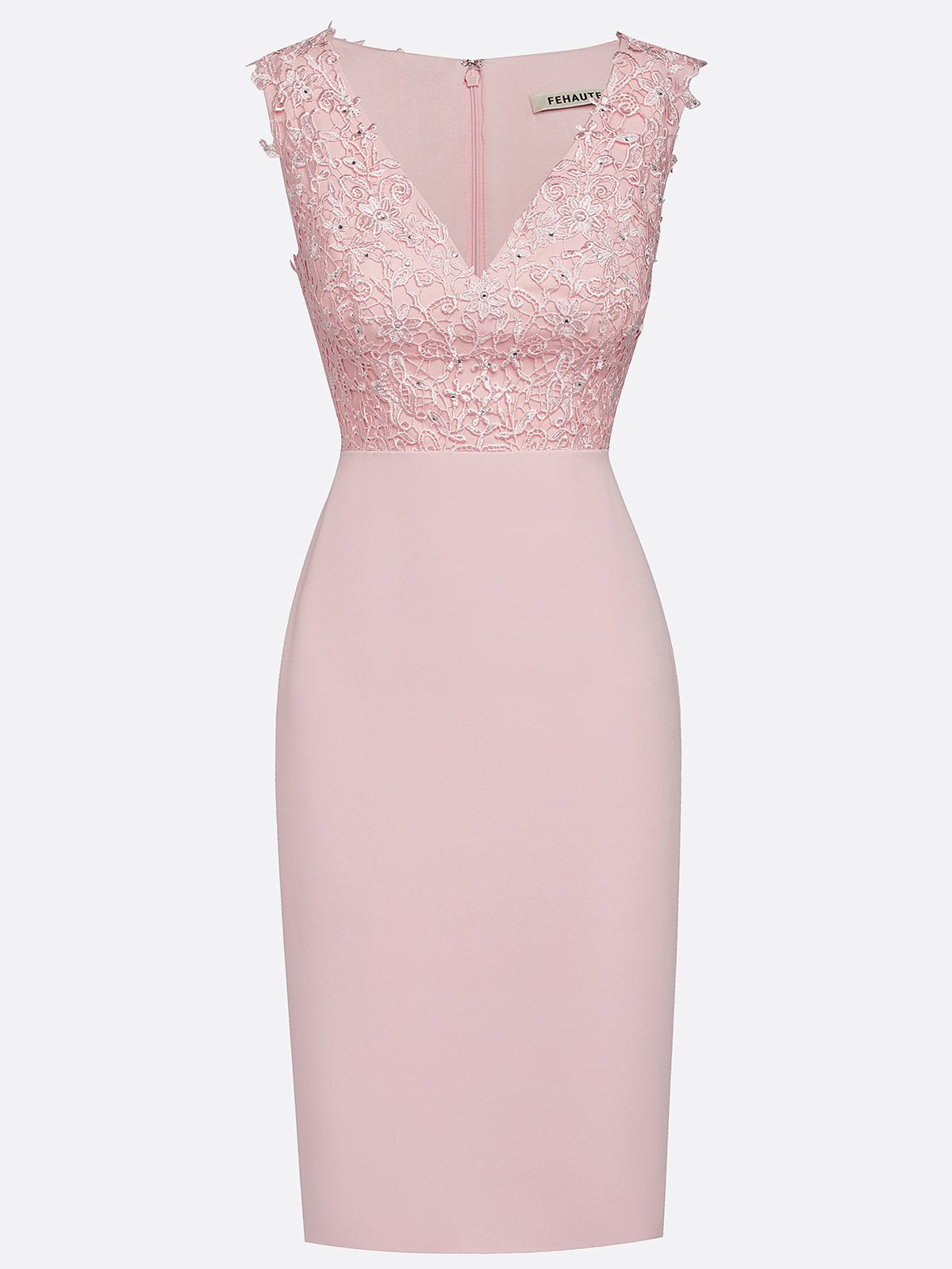 Pink Lace Hotfix Embellished Classic V Neck Sleeveless Sheath Midi Dress