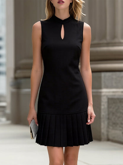 High-Neck Keyhole Sleeveless Pleated-Hem Sheath Dress