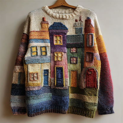 Street Buildings Colorblock Crochet Cozy Knit Sweater