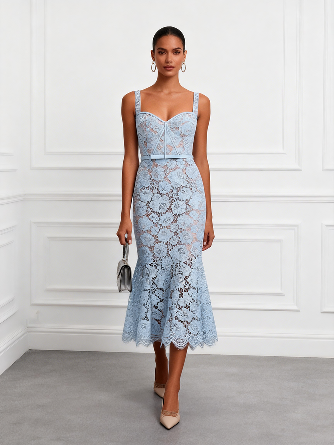 Light Blue Lace Sweetheart Neckline Sleeveless Mermaid Midi Dress