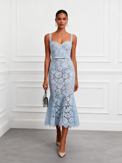 Light Blue Lace Sweetheart Neckline Sleeveless Mermaid Midi Dress