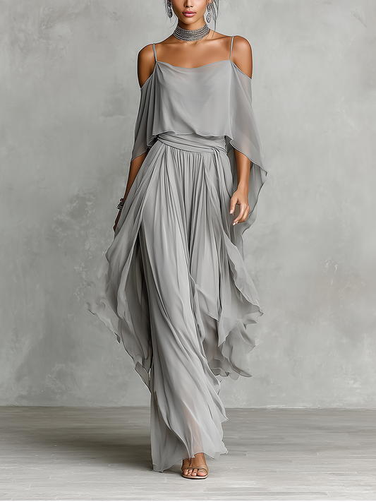 Women's Grey Breathable Chiffon Set With Cold-Shoulder Detail & Flared Silhouette, Contemporary Luxury-Feminine Style Set MDZ2651B6I