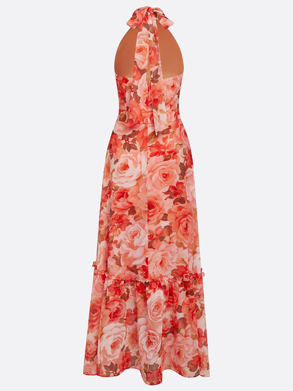 Orange Red Floral Bow Chiffon Halter Sleeveless A-Line Maxi Dress