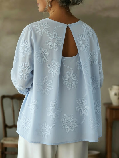 Romantic Floral Embroidered Cutout Design Blouse Shirt