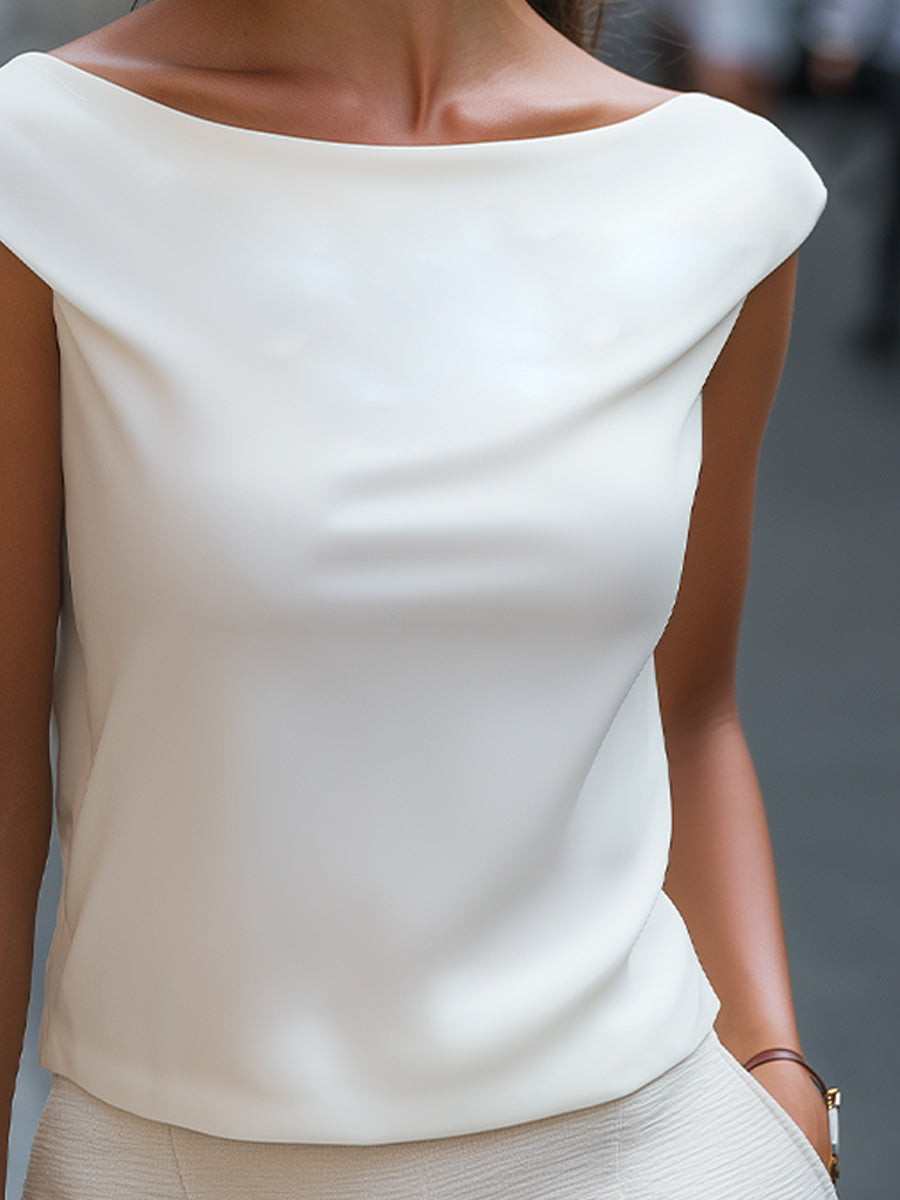 Elegant Draped Boat Neck Cap Sleeve Top With Clean Tailored Silhouette