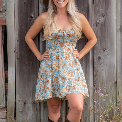 Blend Floral Print Sleeveless Mini Dress With Tie Front Detail For Women