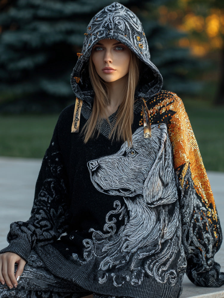Women's Vintage Dog Embroidered Hooded Sweater