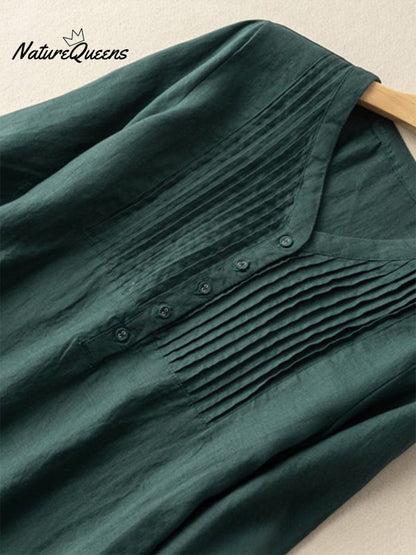 Cotton And Linen V-Neck Pleated Loose Dress