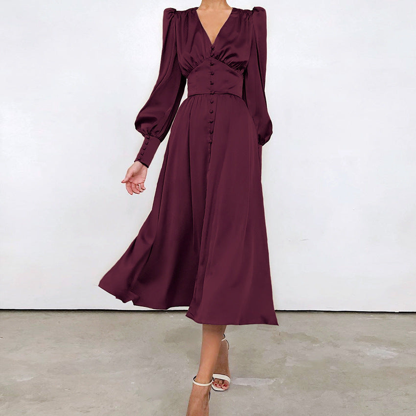 Slim Fit Green V Neck Wrinkled Silk Maxi Dress Puff Sleeve