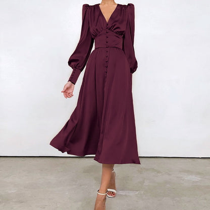 Slim Fit Green V Neck Wrinkled Silk Maxi Dress Puff Sleeve