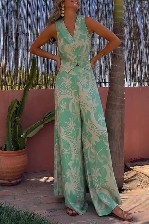 Mint Green Tropical Print Halter Neck Wide-Leg Pants Set