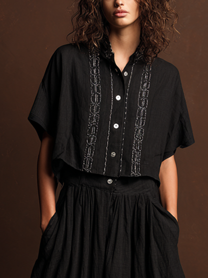 Women's Retro Style Black Cotton Linen Embroidered Short-Sleeve Top And Black Cotton Linen Striped Long Dress Set MDZ1782D5GMJ