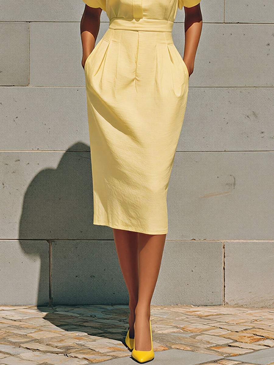 Women's Yellow Linen-Blend Puff Sleeve Shirt Dress With Tailored Waist & Pockets, Timeless Modern-Chic Style Dress MDZ2030D7LYL