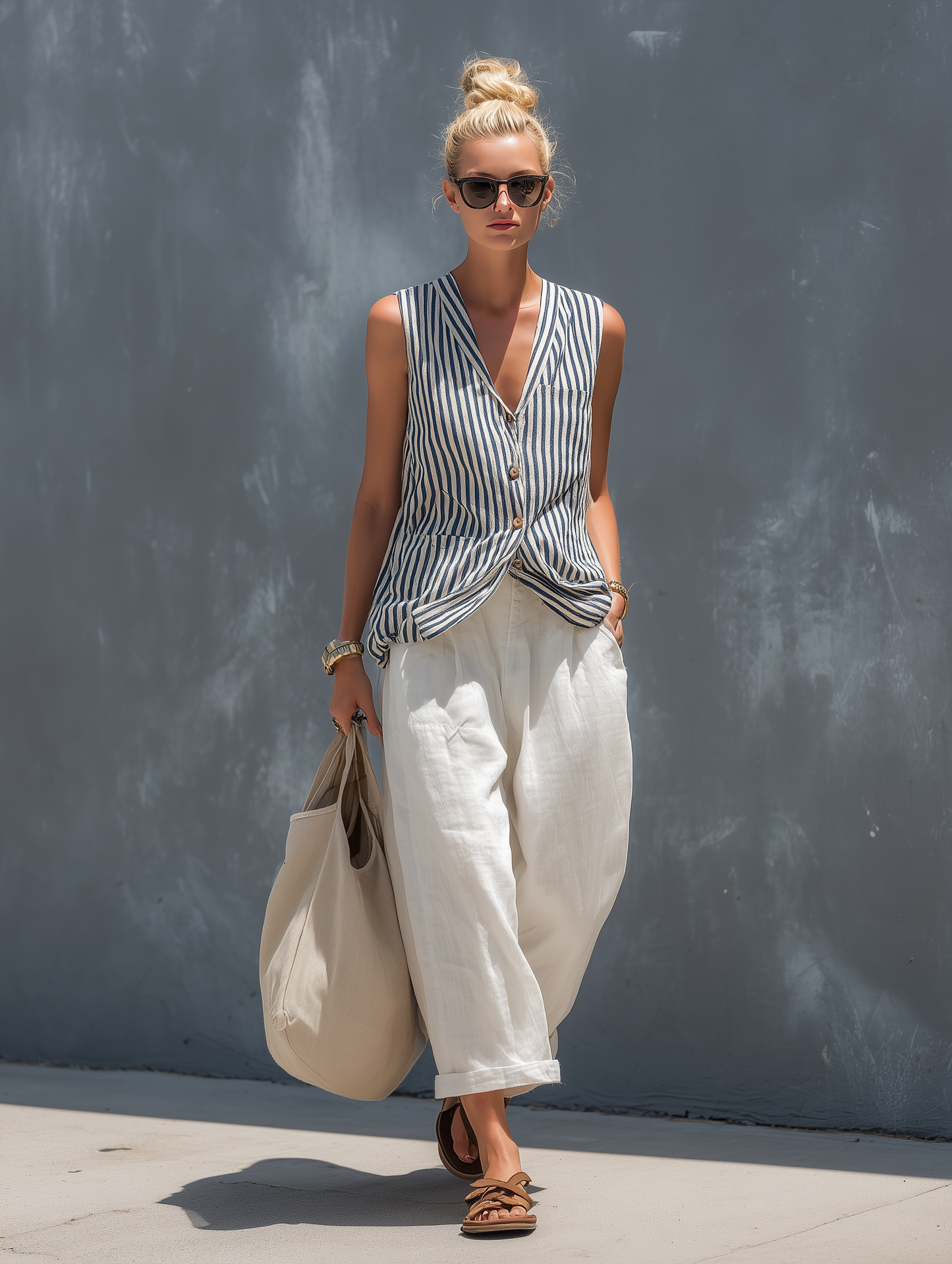 Women's Casual Striped Woven Sleeveless Vest Paired With White Cotton And Linen Trousers Set MDZ2815B5AN
