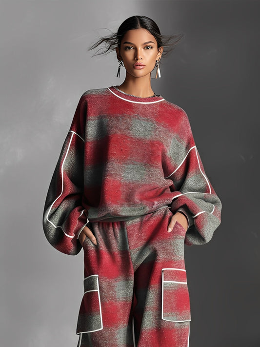 Women's Red And Gray Plaid Brushed Distressed Street Style Color-Blocked Piping Pantsuit Set MDA1065K4I