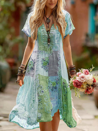 Women's Retro Floral Splicing Cotton And Linen Long Dress eab6