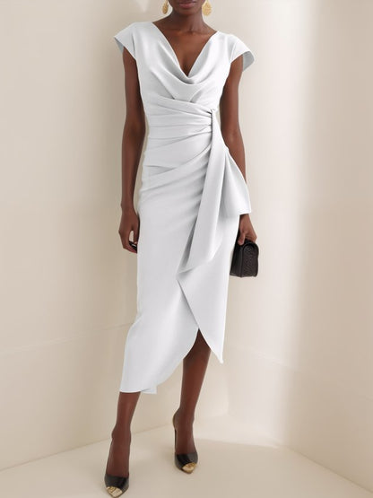 Green Cowl Neck Ruched Cap Sleeve Sheath Midi Dress