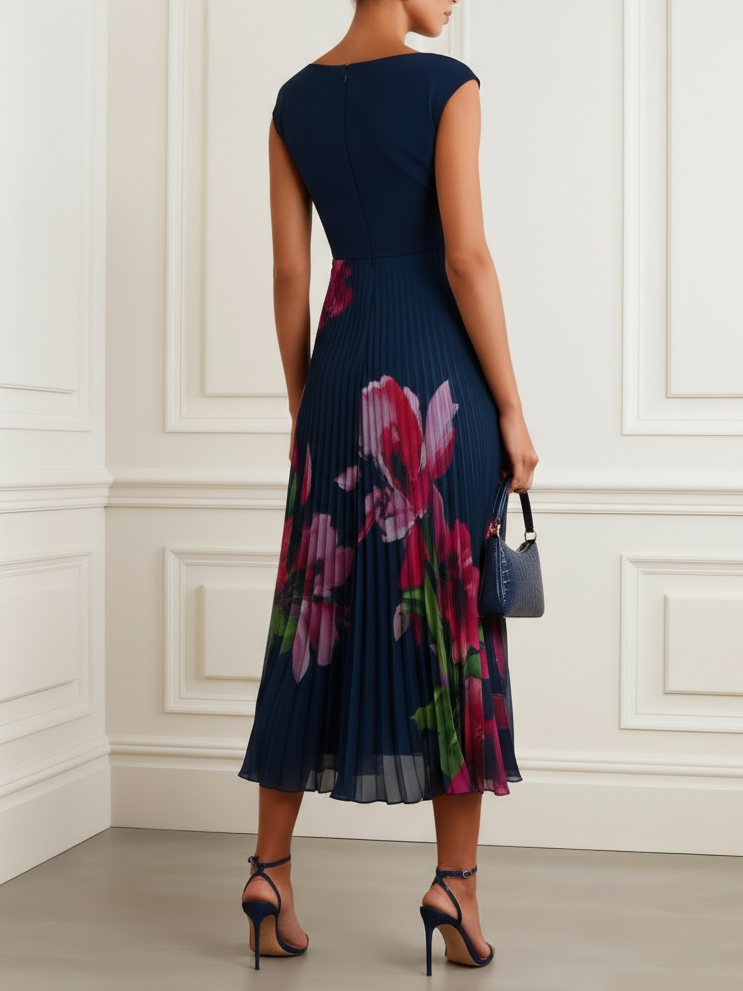 Navy Blue Pleated Floral Chiffon V Neck Cap Sleeve A-Line Midi Dress