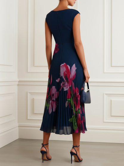 Navy Blue Pleated Floral Chiffon V Neck Cap Sleeve A-Line Midi Dress