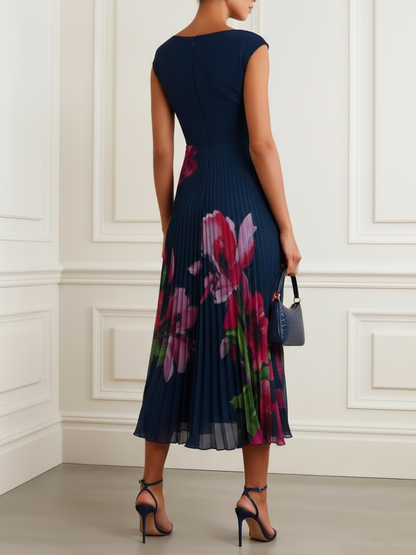 Navy Blue Pleated Floral Chiffon V Neck Cap Sleeve A-Line Midi Dress