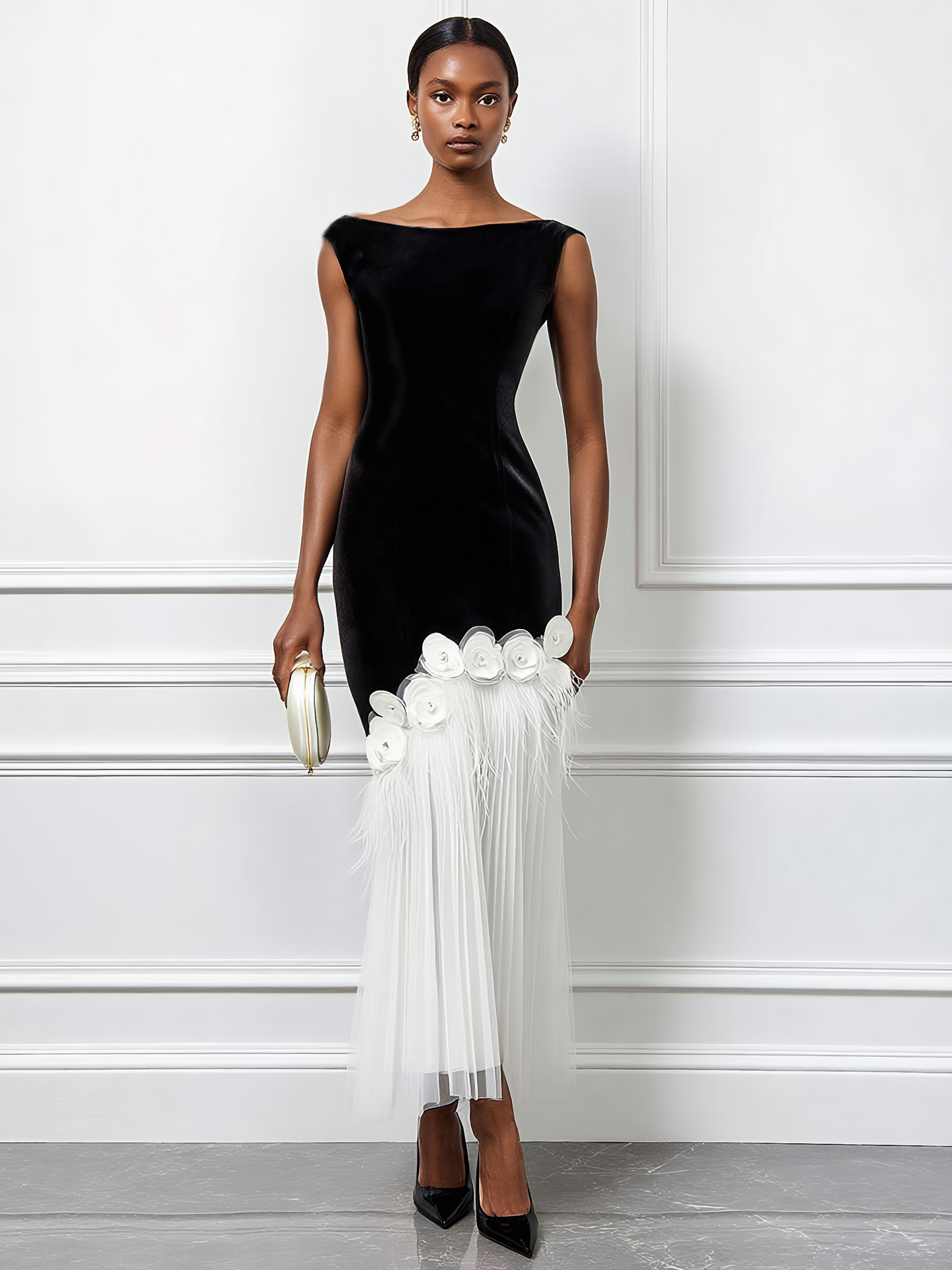 Black Tassel 3D Floral Velvet Boat Neck Sleeveless Mermaid Midi Dress