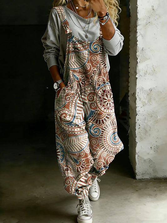 Women’s Vintage Abstract Ethnic Art Print Casual One Piece Denim Jumpsuit