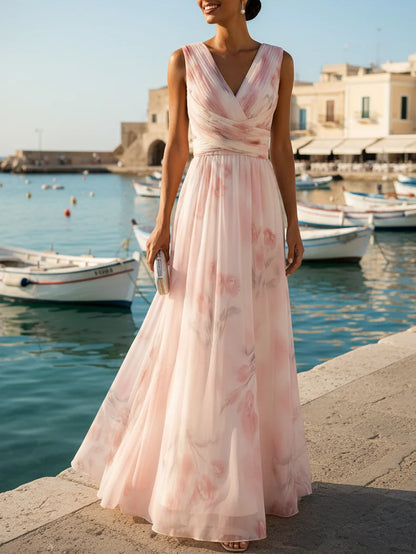 Light Pink Floral Ruched Chiffon V Neck Sleeveless A-Line Floor-length Gown Dress