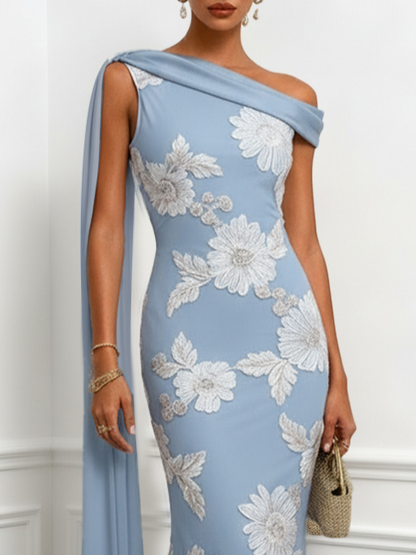 Light Blue 3D Floral Classic One Shoulder Sleeveless Mermaid Floor-length Gown Dress