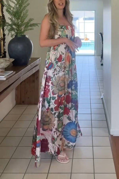 Multi-Color Floral Print Strapless/Spaghetti Strap Draped Maxi Dress