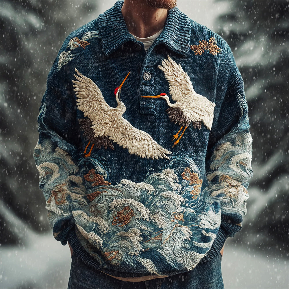 Men's Japanese Crane & Ocean Wave Knit Polo Neck Sweater