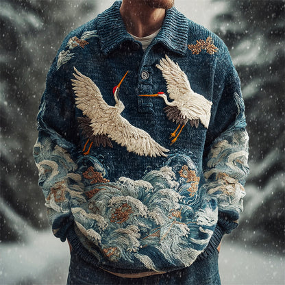 Men's Japanese Crane & Ocean Wave Knit Polo Neck Sweater
