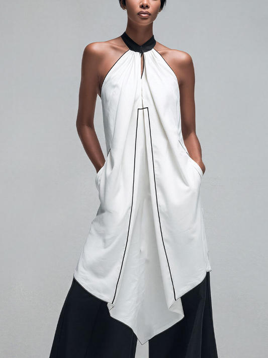 Women’s White Cotton Blend Halter Neck Asymmetrical Tunic Top With Black Contrast Piping MDZ2704D0T