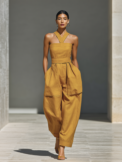 Women's Mustard Yellow Linen-Blend Jumpsuit With Crisscross Neckline & Relaxed Trousers MDZ2808B6T