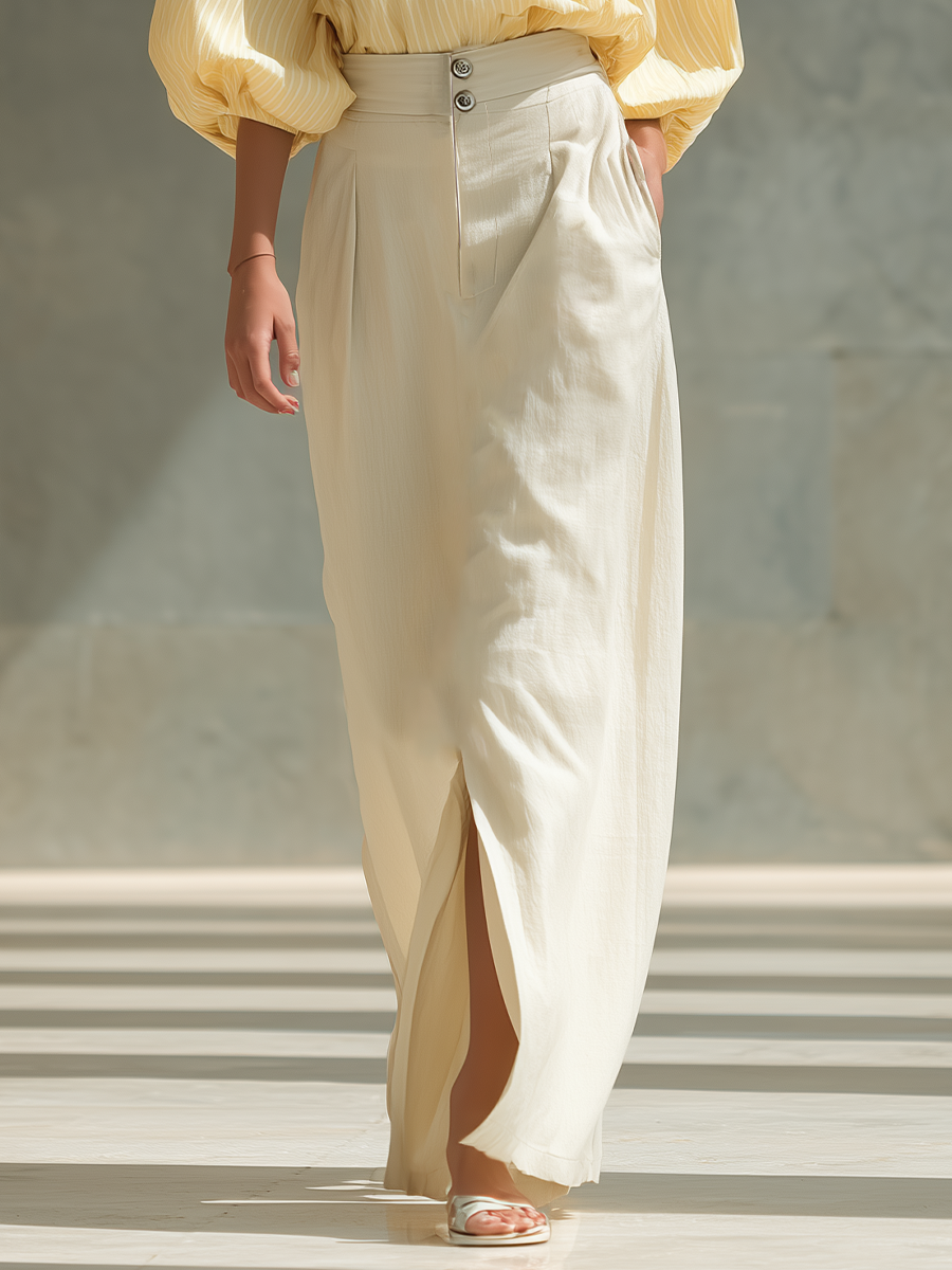 Women’s Yellow Striped Wrap Blouse & Beige High-Waisted Linen Maxi Skirt With Slit Two-Piece Set MDZ2528D2T