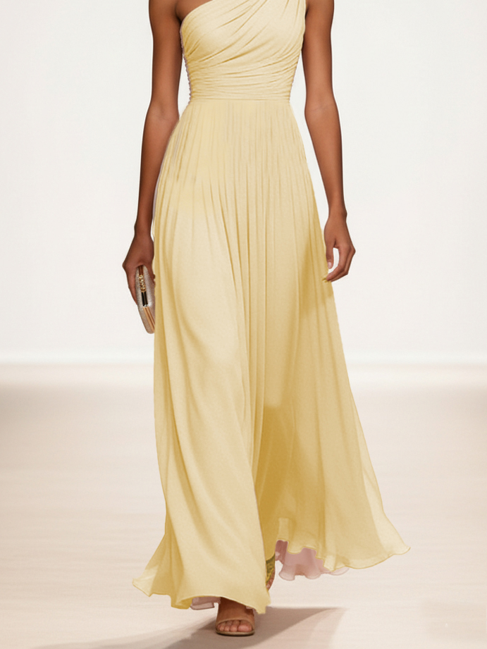 Yellow 3D Floral Gathered Chiffon One Shoulder Sleeveless A-Line Maxi Dress
