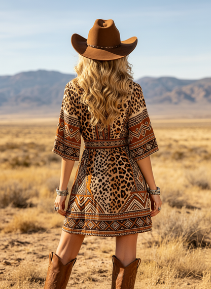 Women's Western Cowboy Boho Leopard Print Cotton Blend Dress With Geometric Pattern And V-Neck Design