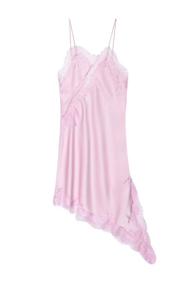 Lace-Paneled Satin Slip Dress with Asymmetrical Hem