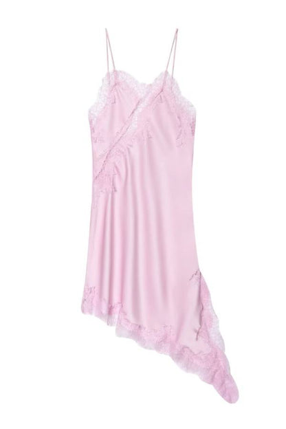 Lace-Paneled Satin Slip Dress with Asymmetrical Hem
