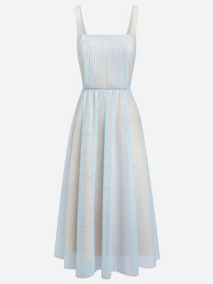 Light Blue Ruched Classic Square Neck Sleeveless A-Line Midi Dress