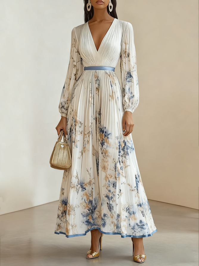 White Pleated Floral Chiffon V Neck Long Sleeve Balloon Sleeve A-Line Maxi Dress