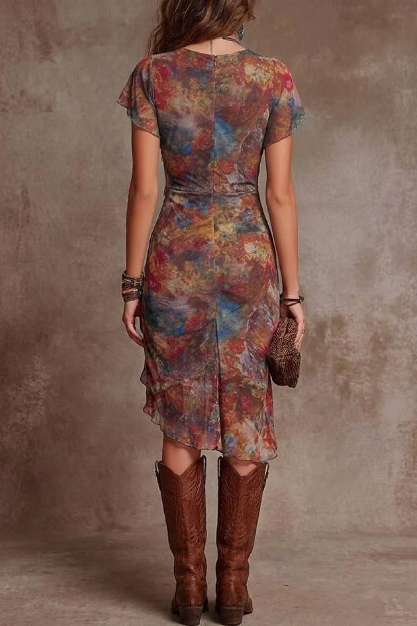 Bohemian Abstract Art Print V-neck Pleated Midi Dress