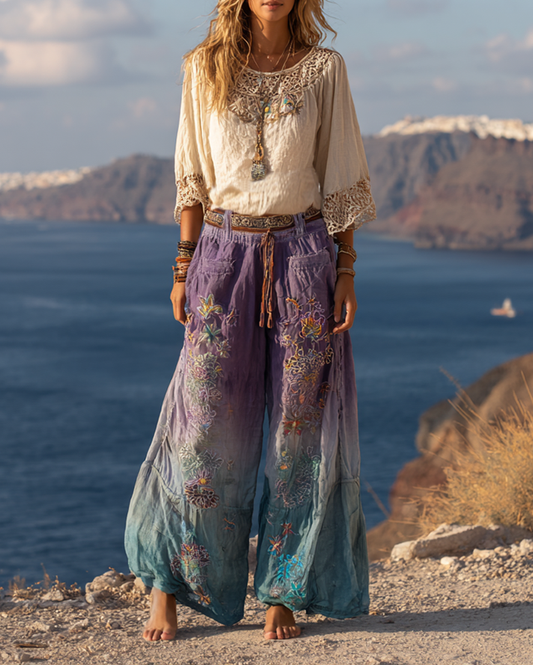 Summer Vacation Floral Embroidered Linen Pants and Top 2-Piece Set e85d
