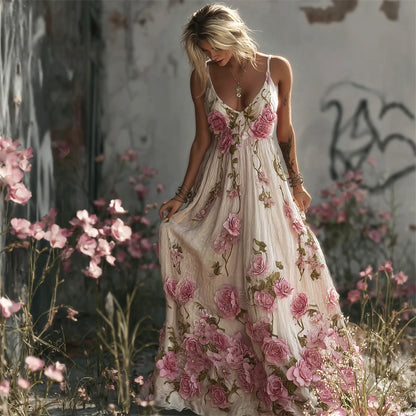 Vintage Romantic Floral Lace Embroidery Boho Women's Spaghetti Strap Maxi Dress