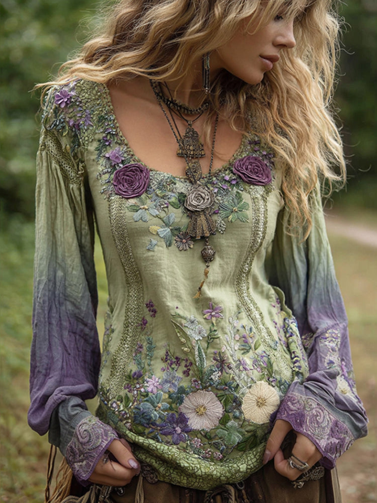 Classy Gradient Purple Lavender And Floral Embroidered Linen Long Sleeve Shirt d426