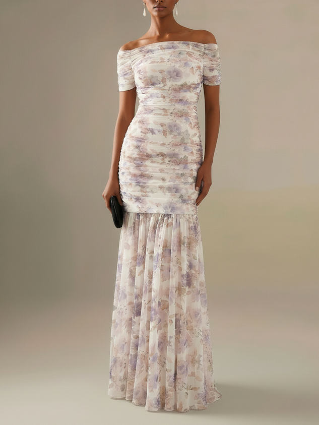 Blue Floral Gathered Tulle Off The Shoulder Short Sleeve Mermaid Floor-length Gown Dress