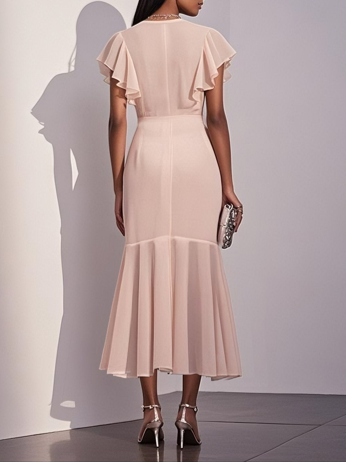 Pink Shirred Ruched Chiffon Lotus Leaf Collar Cap Sleeve Ruffle Sleeve Mermaid Midi Dress